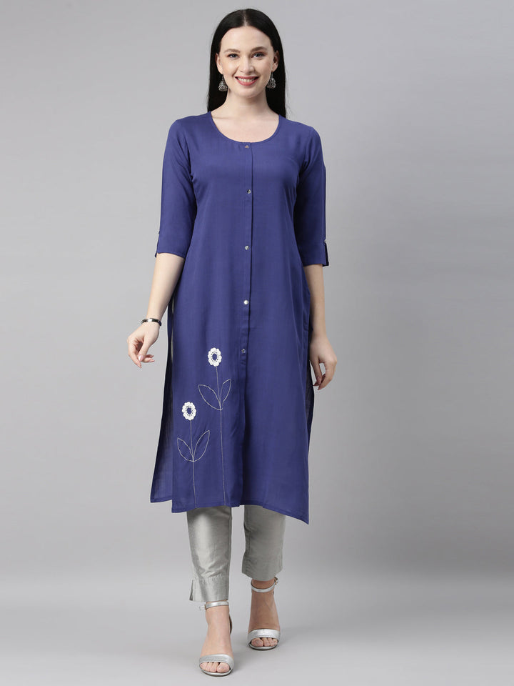 Neerus Blue cotton embroidered kurti - front view