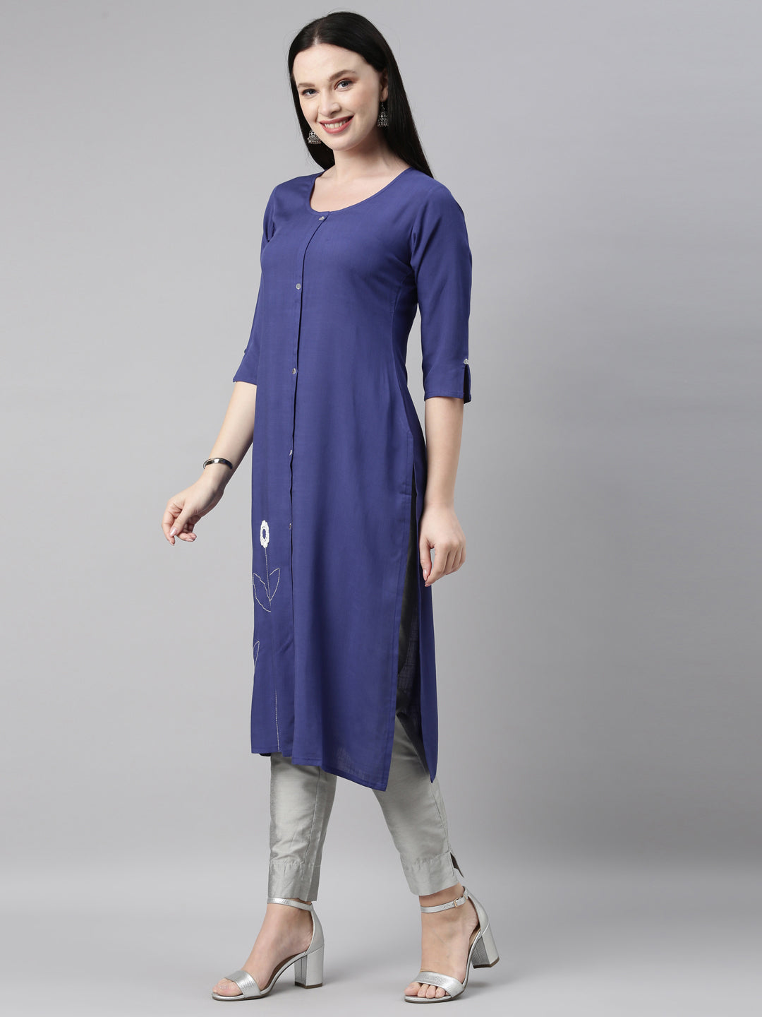 Neerus Blue cotton embroidered kurti - back view