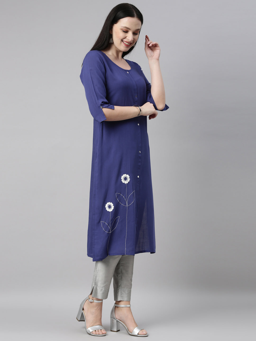 Neerus Blue cotton embroidered kurti - side view