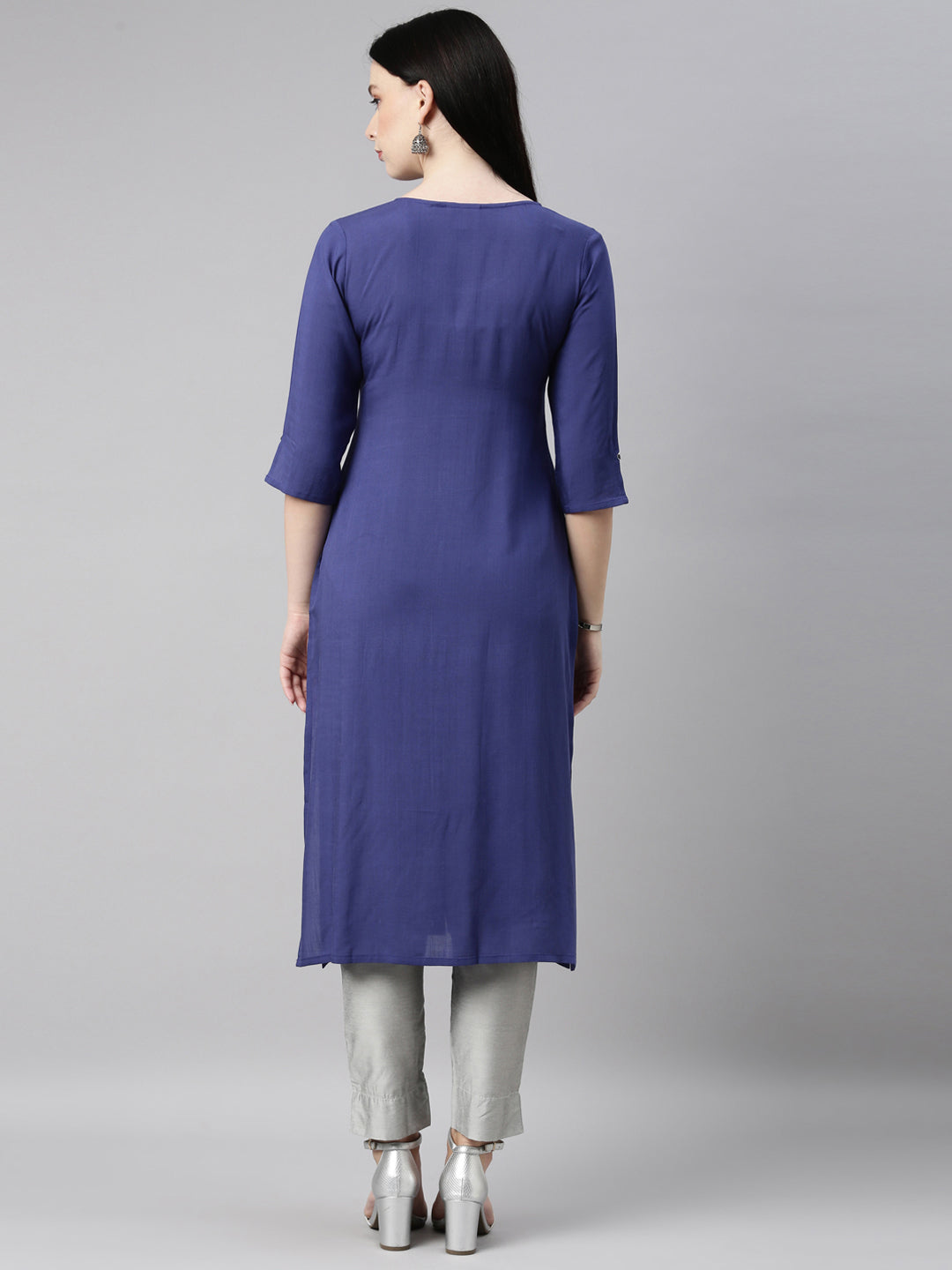 Neerus Blue cotton embroidered kurti - detail view 1