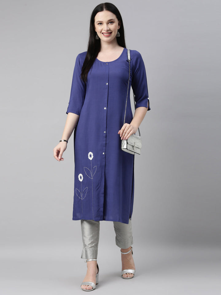 Neerus Blue cotton embroidered kurti - detail view 4