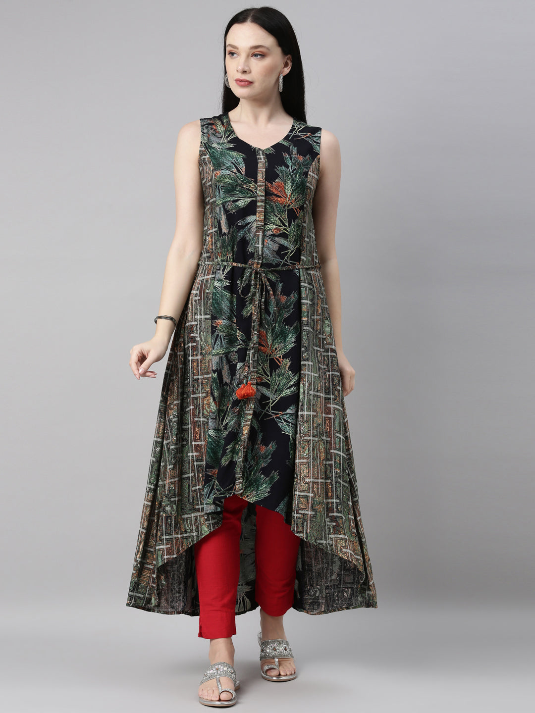 Neerus Green georgette printed Anarkali kurta - front view