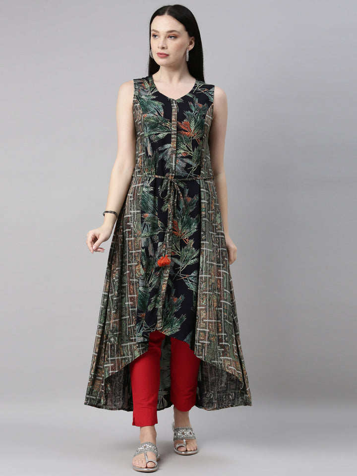 Neerus Green georgette printed Anarkali kurta - front view