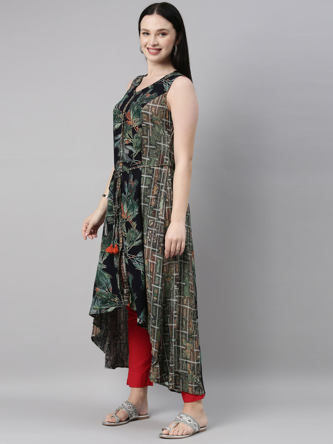 Neerus Green georgette printed Anarkali kurta - side view