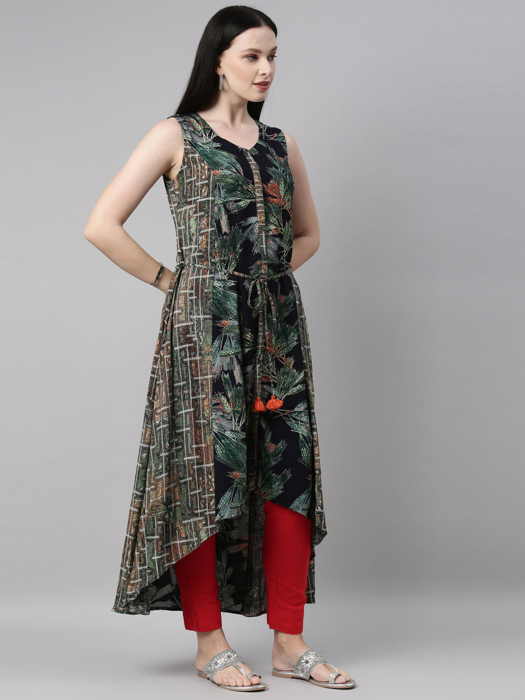 Neerus Green georgette printed Anarkali kurta - detail view 1