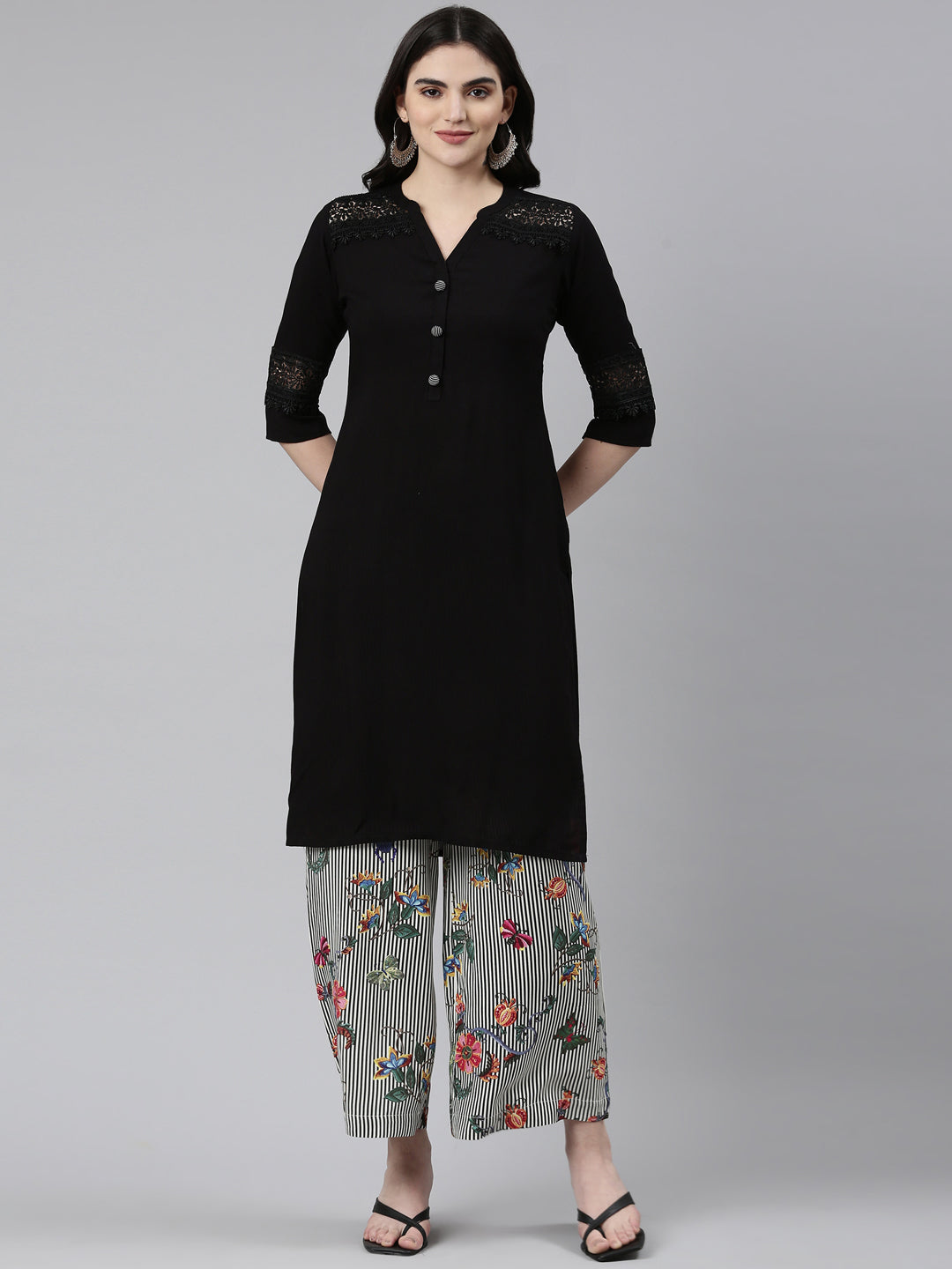 Neerus Black solid straight kurta set with palazzo - front view