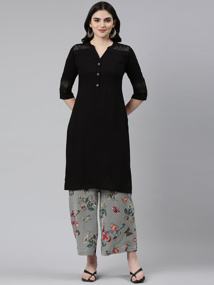 Neerus Black solid straight kurta set with palazzo - front view