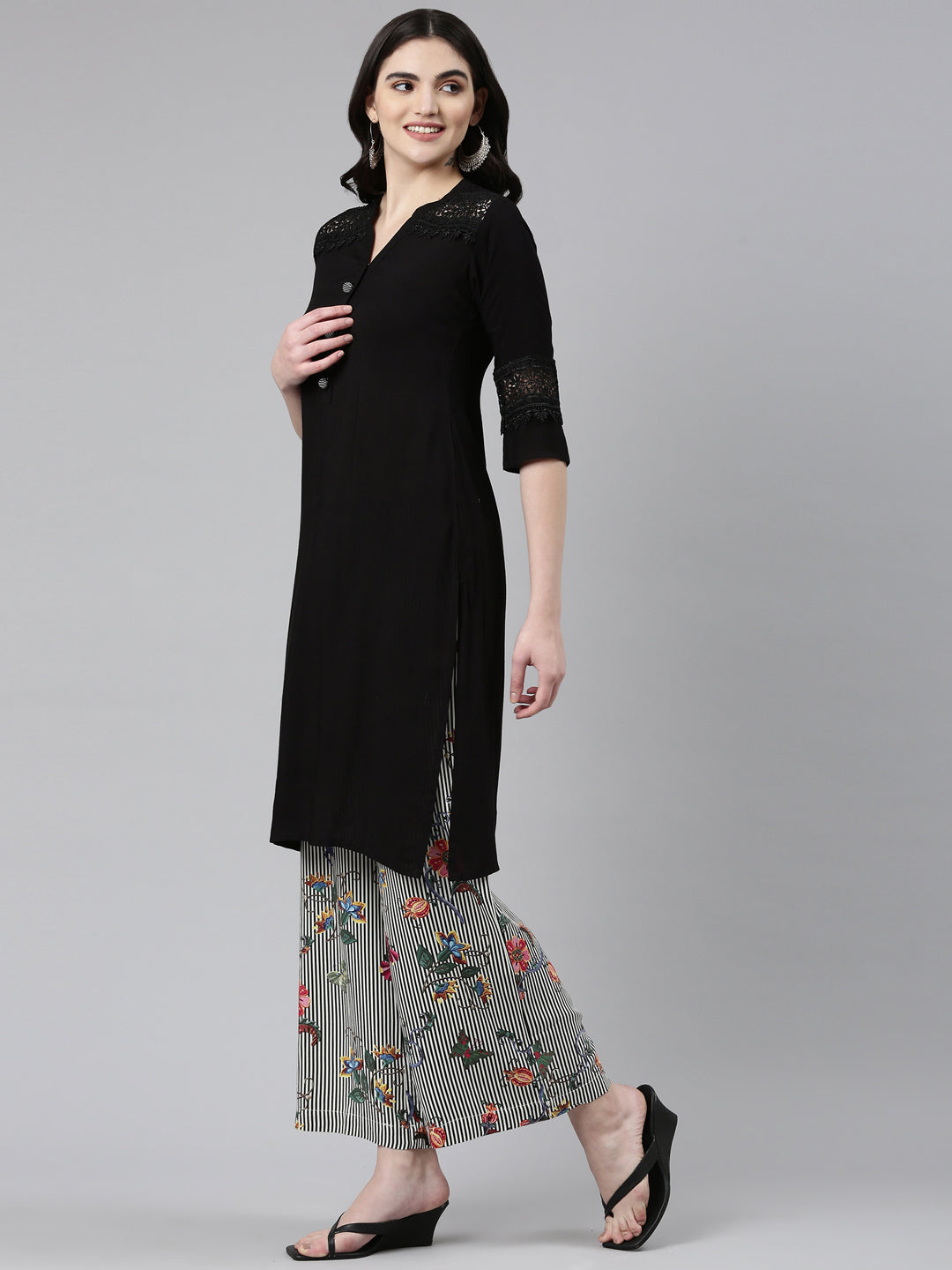 Neerus Black solid straight kurta set with palazzo - back view