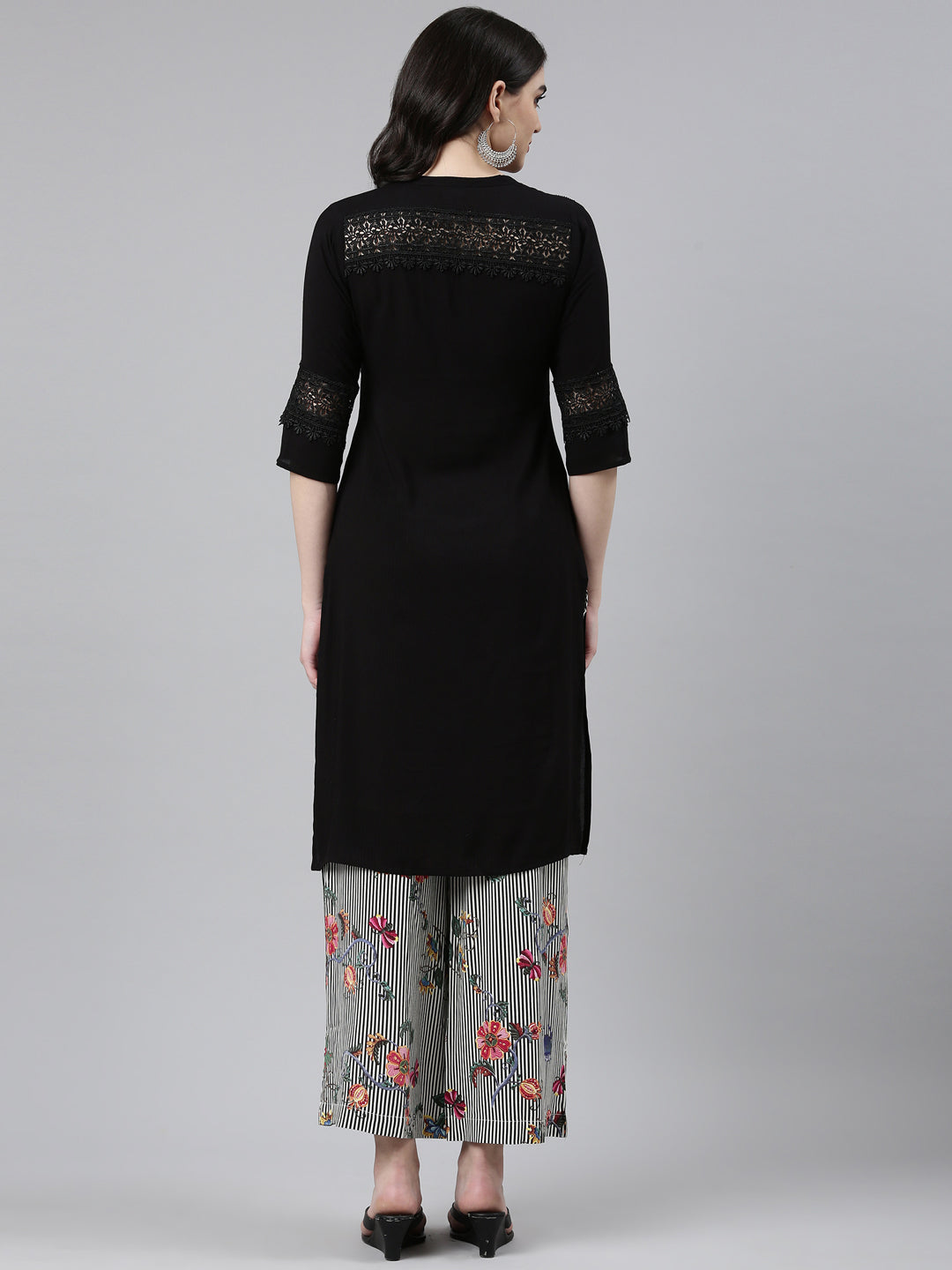 Neerus Black solid straight kurta set with palazzo - side view