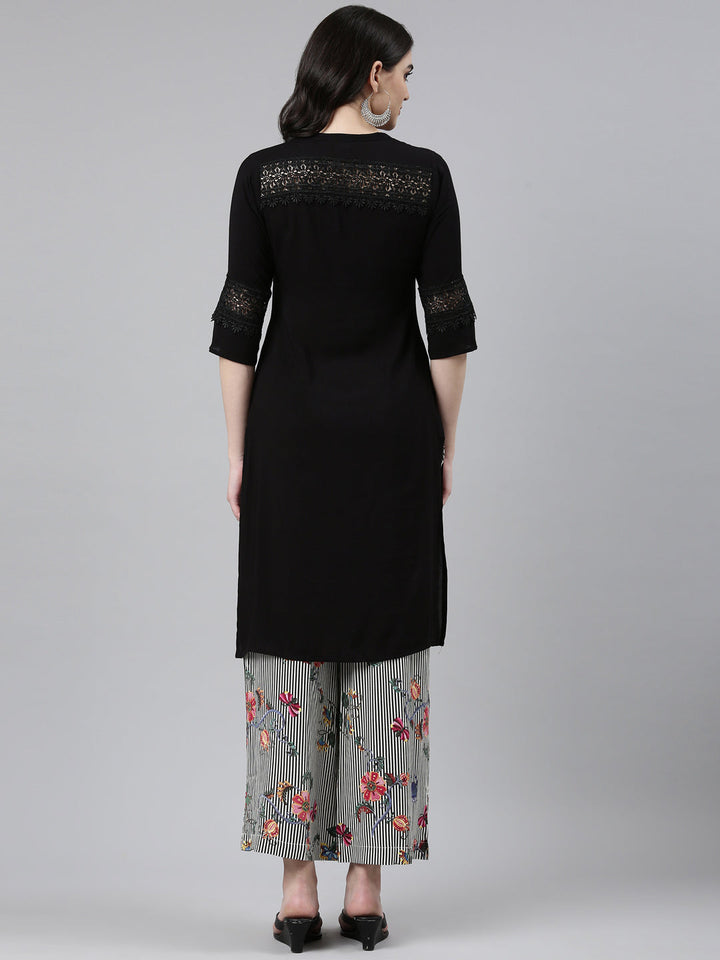 Neerus Black solid straight kurta set with palazzo - side view
