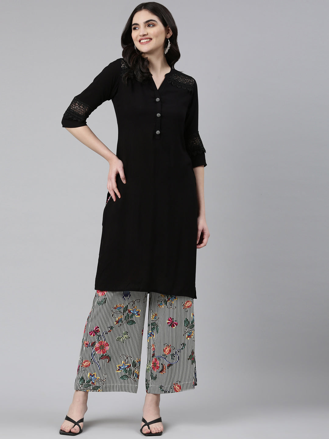 Neerus Black solid straight kurta set with palazzo - detail view 2