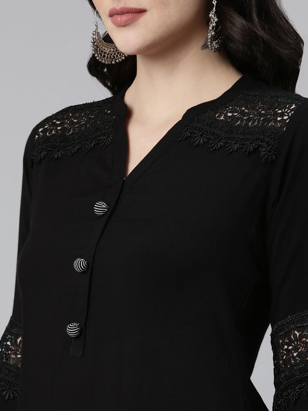 Neerus Black solid straight kurta set with palazzo - detail view 1