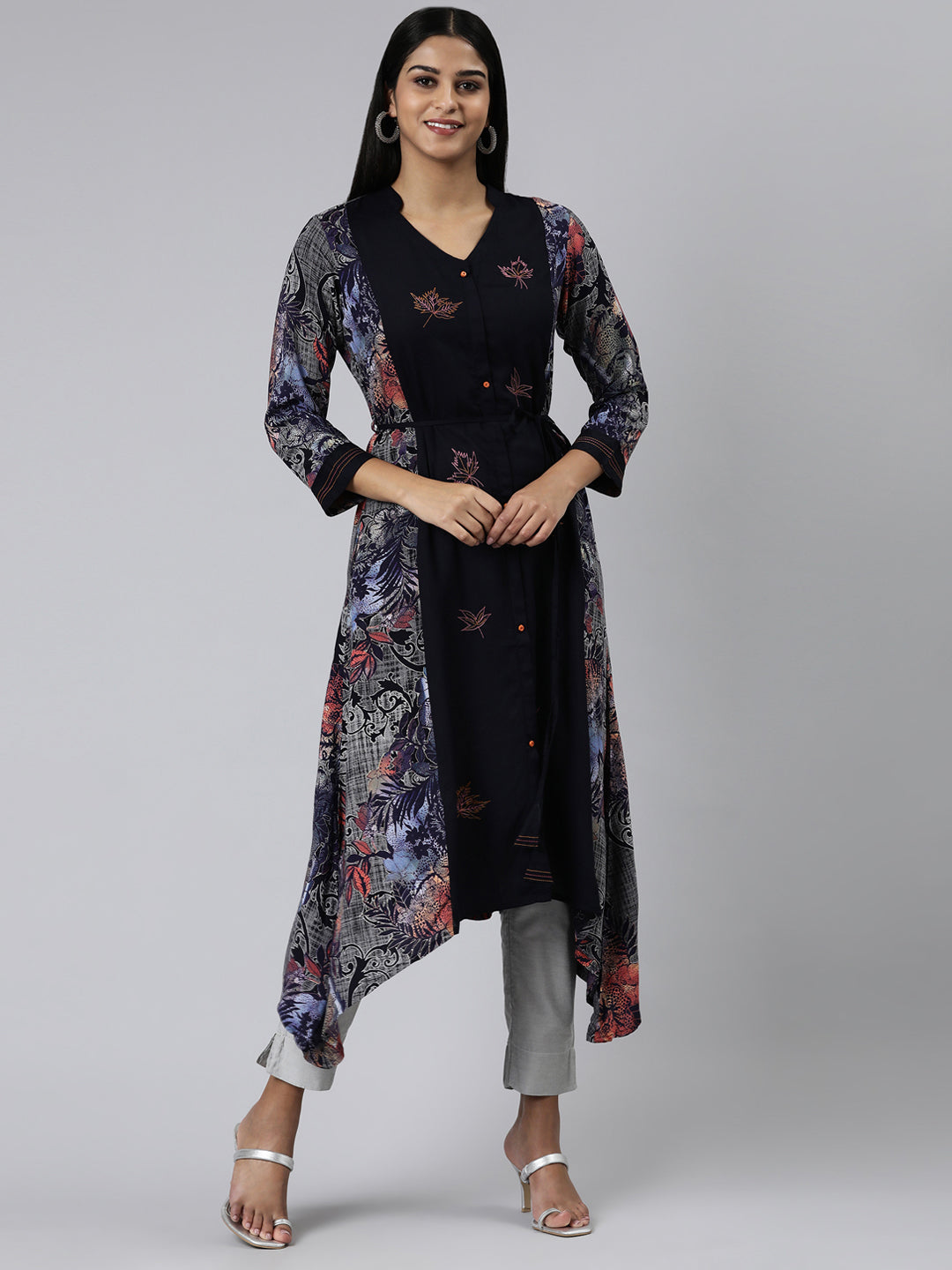 Neerus Blue Viscose Rayon Printed Kurti curved silhouette - front view