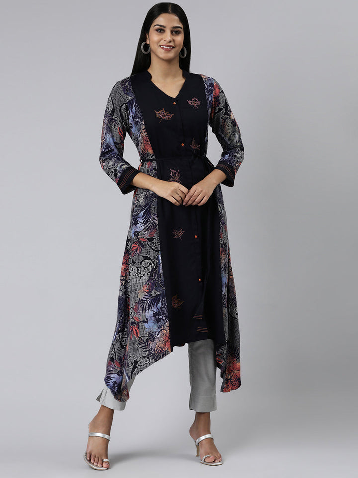 Neerus Blue Viscose Rayon Printed Kurti curved silhouette - front view