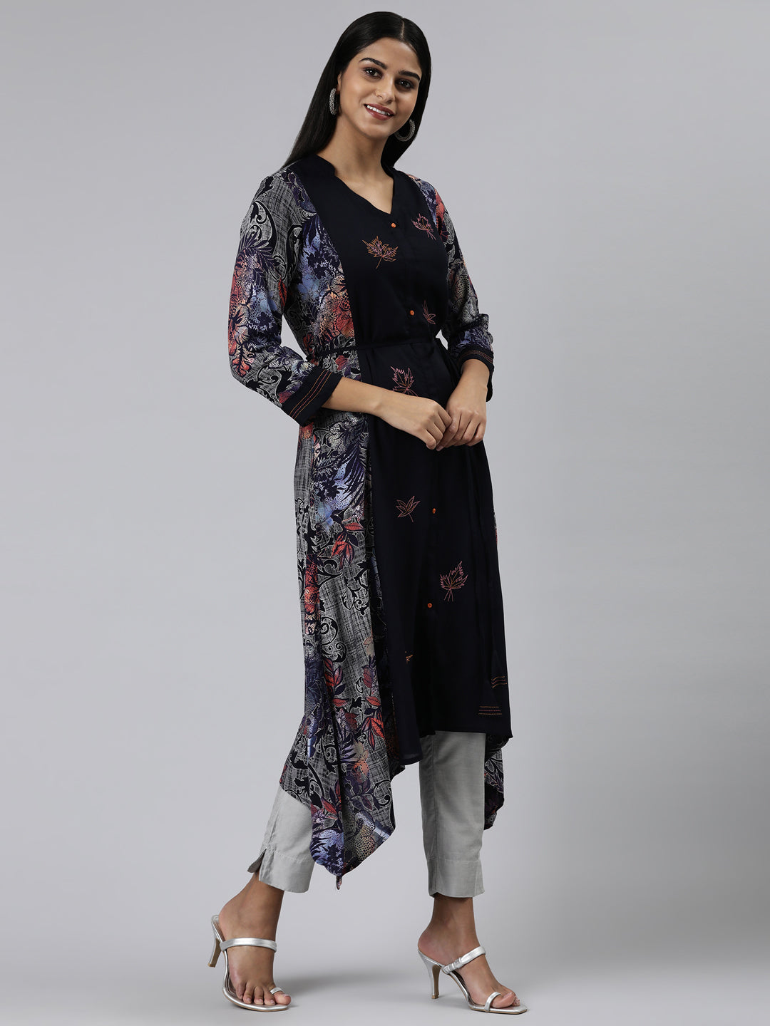 Neerus Blue Viscose Rayon Printed Kurti curved silhouette - back view