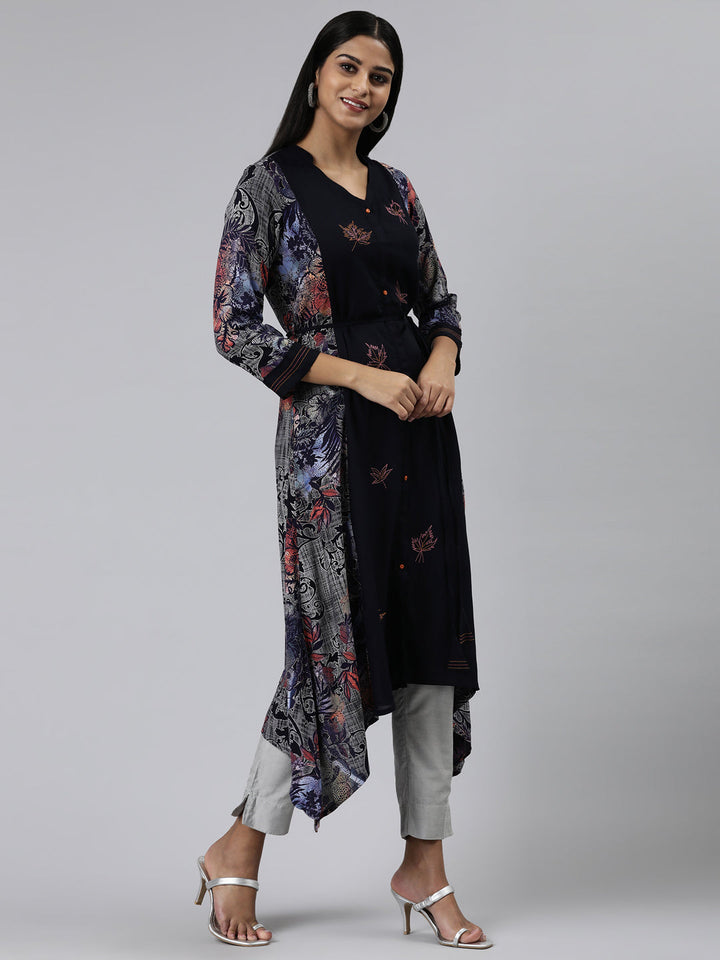Neerus Blue Viscose Rayon Printed Kurti curved silhouette - back view