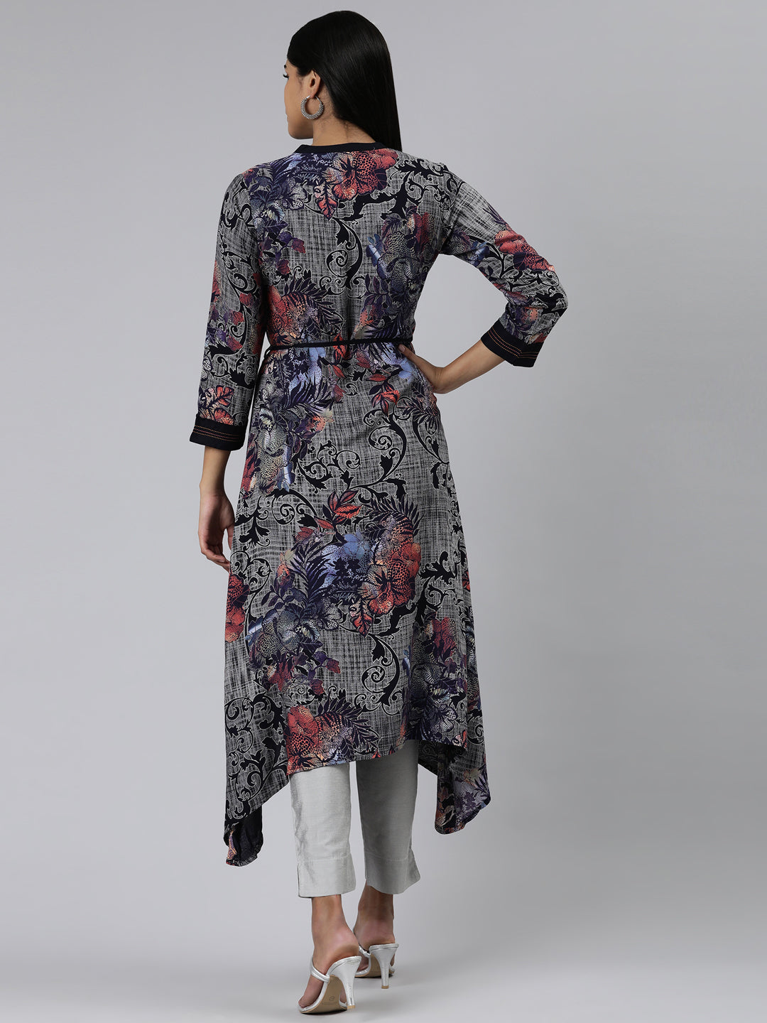Neerus Blue Viscose Rayon Printed Kurti curved silhouette - side view