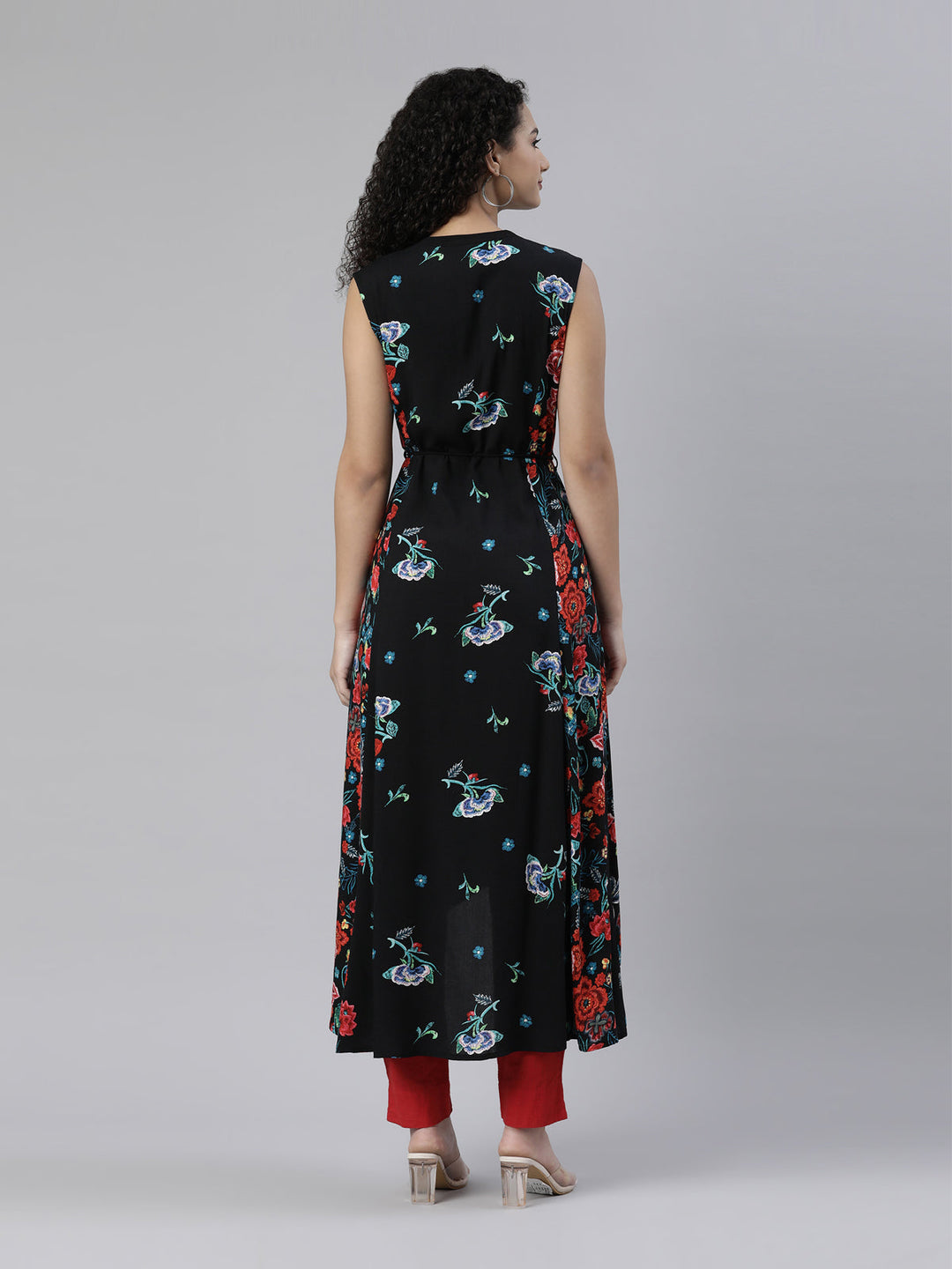 Neerus White cotton floral embroidered kurti - side view