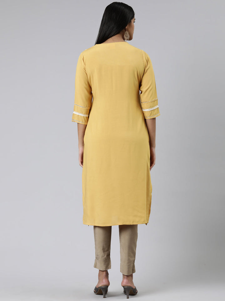 Neerus Yellow viscose rayon embroidered kurti - side view