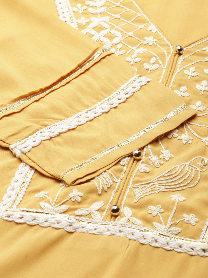 Neerus Yellow viscose rayon embroidered kurti - detail view 1