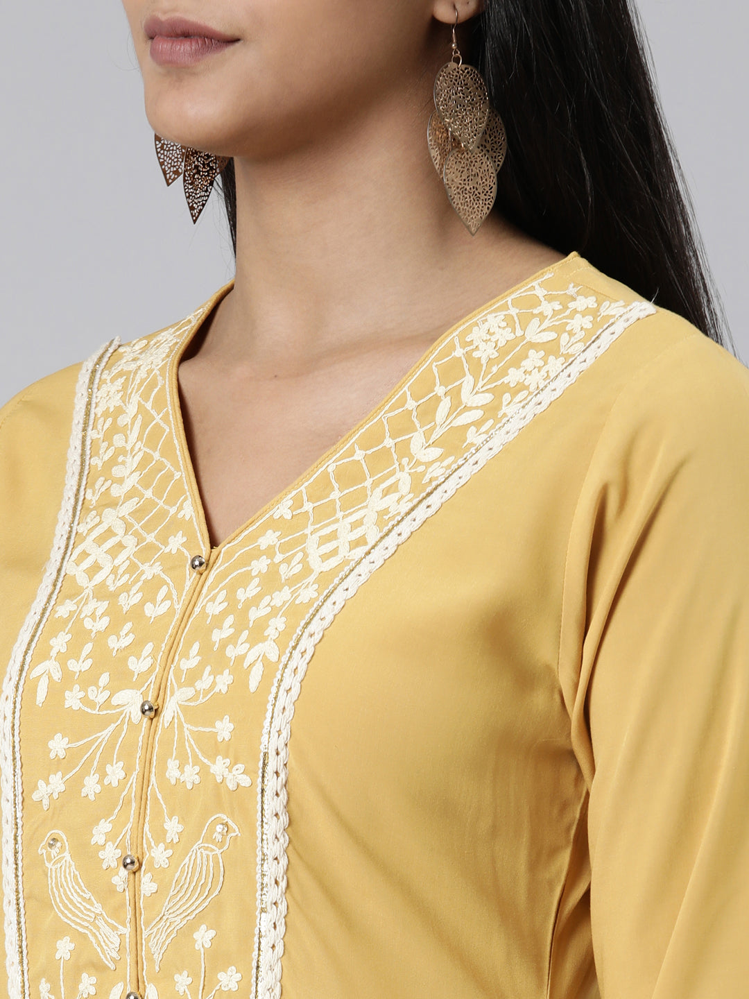 Neerus Yellow viscose rayon embroidered kurti - detail view 2