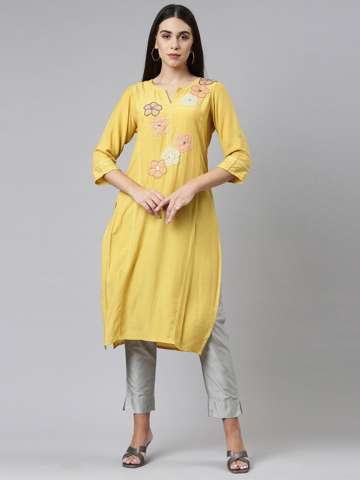 Neerus Yellow printed floral kurti - front view