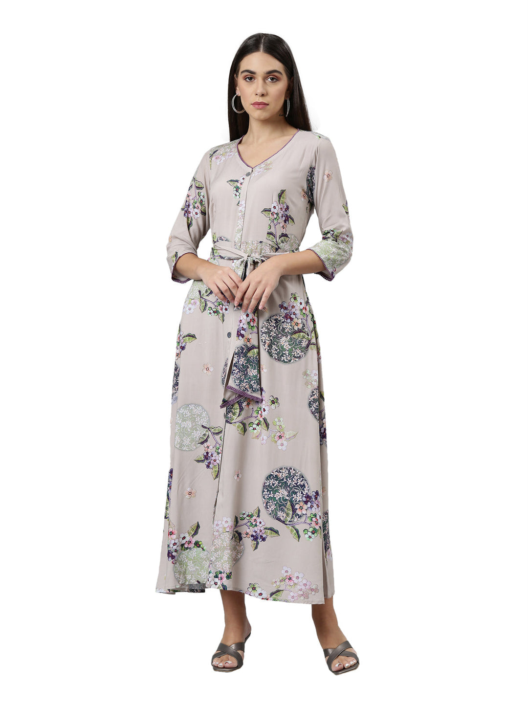 Neerus Grey floral printed ethnic maxi dress - front view
