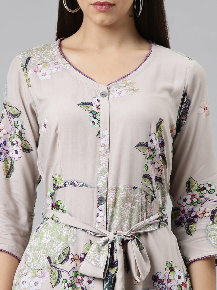 Neerus Grey floral printed ethnic maxi dress - detail view 2