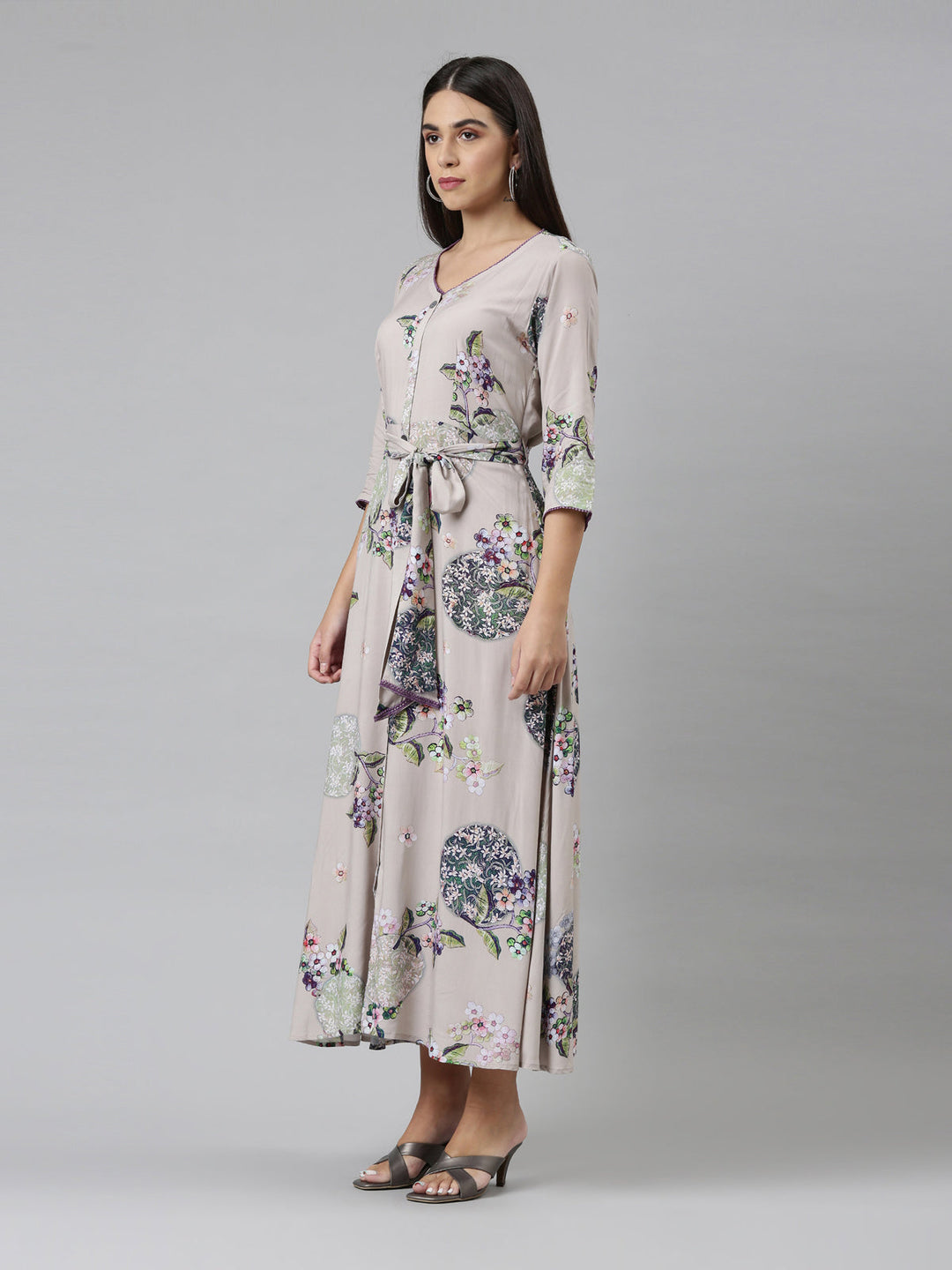 Neerus Grey floral printed ethnic maxi dress - back view
