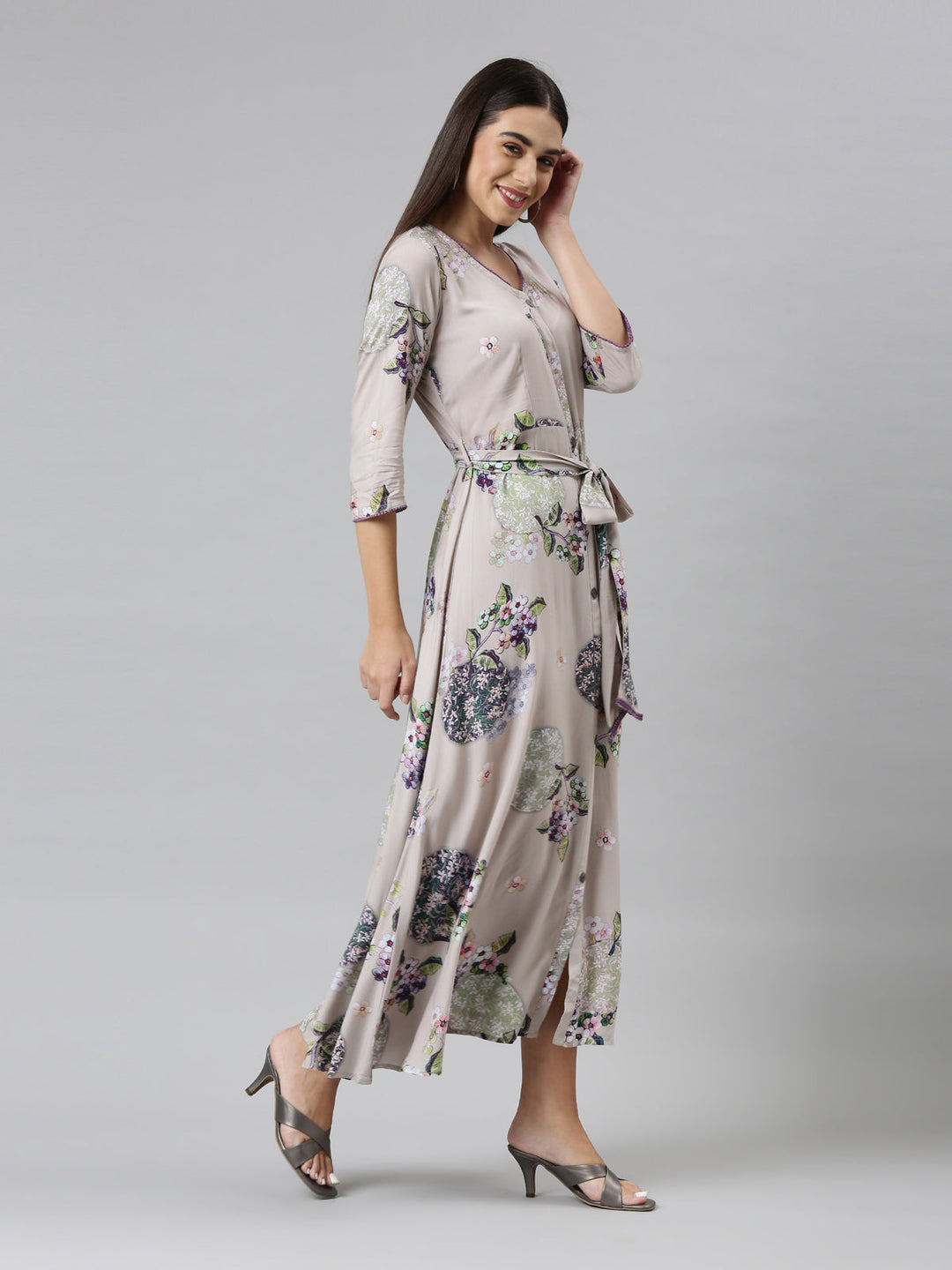 Neerus Grey floral printed ethnic maxi dress - side view