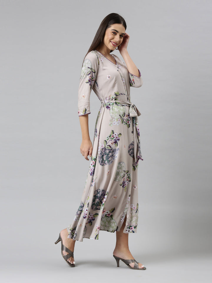 Neerus Grey floral printed ethnic maxi dress - side view