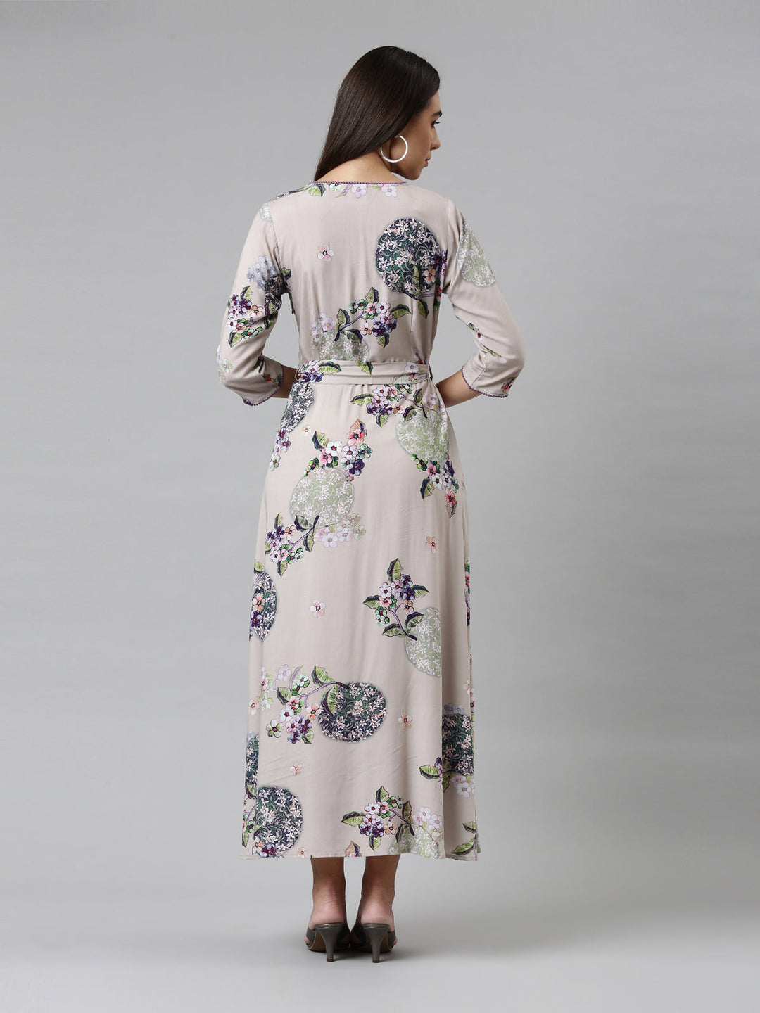 Neerus Grey floral printed ethnic maxi dress - detail view 1