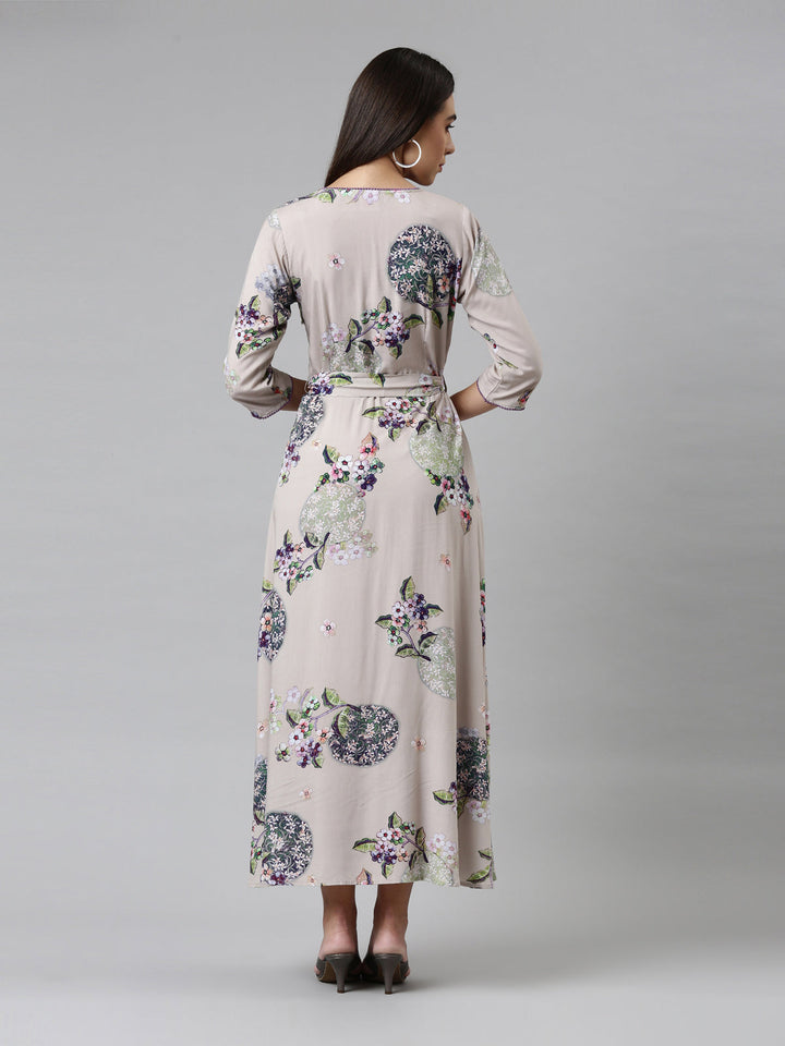 Neerus Grey floral printed ethnic maxi dress - detail view 1