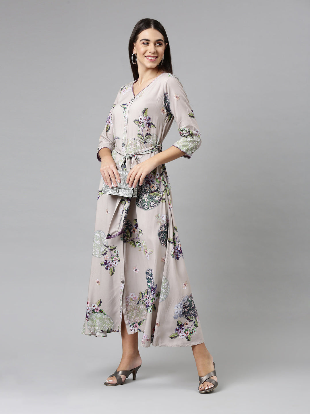 Neerus Grey floral printed ethnic maxi dress - detail view 3