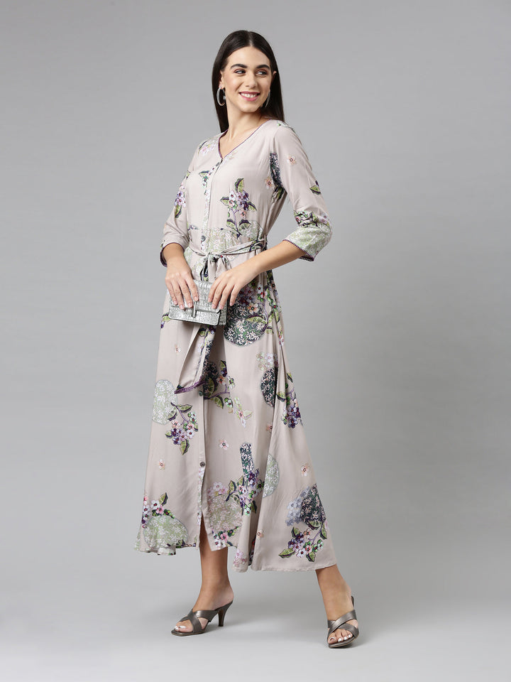Neerus Grey floral printed ethnic maxi dress - detail view 3