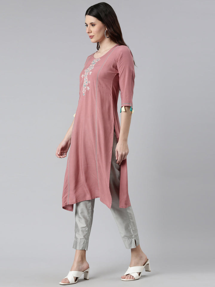 Neerus Pink rayon straight kurti - back view