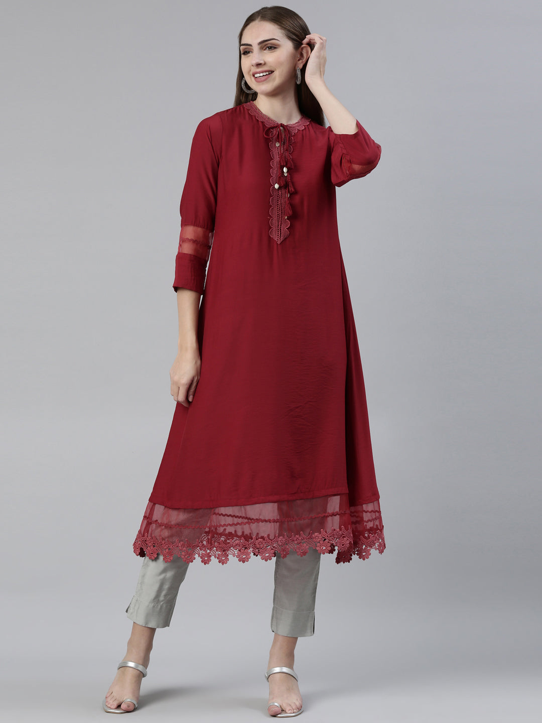 Neerus Maroon viscose rayon thread embroidered anarkali kurti - front view