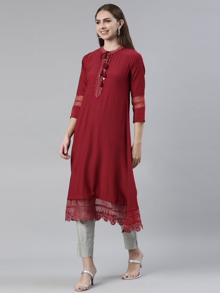 Neerus Maroon viscose rayon thread embroidered anarkali kurti - back view