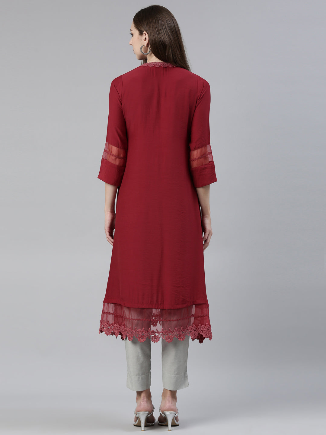 Neerus Maroon viscose rayon thread embroidered anarkali kurti - side view
