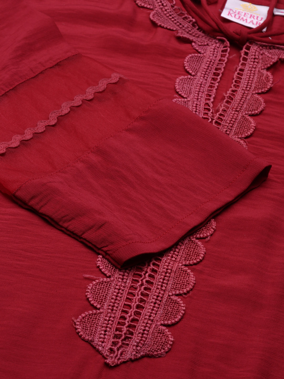 Neerus Maroon viscose rayon thread embroidered anarkali kurti - detail view 2