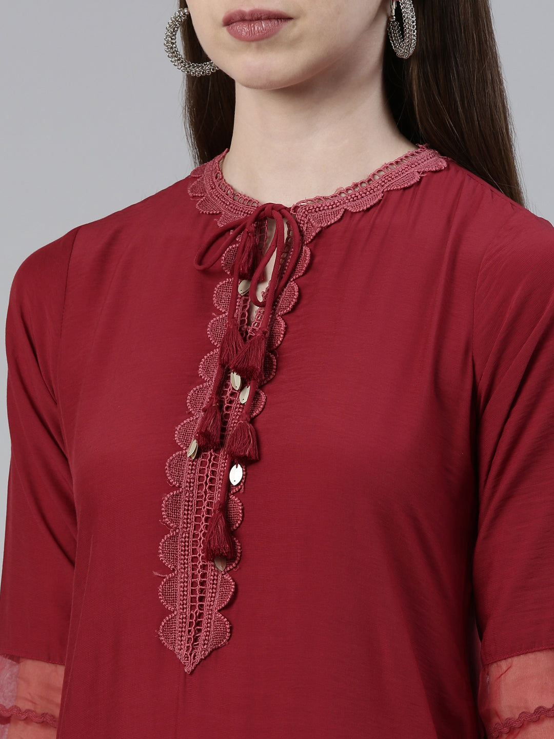 Neerus Maroon viscose rayon thread embroidered anarkali kurti - detail view 1
