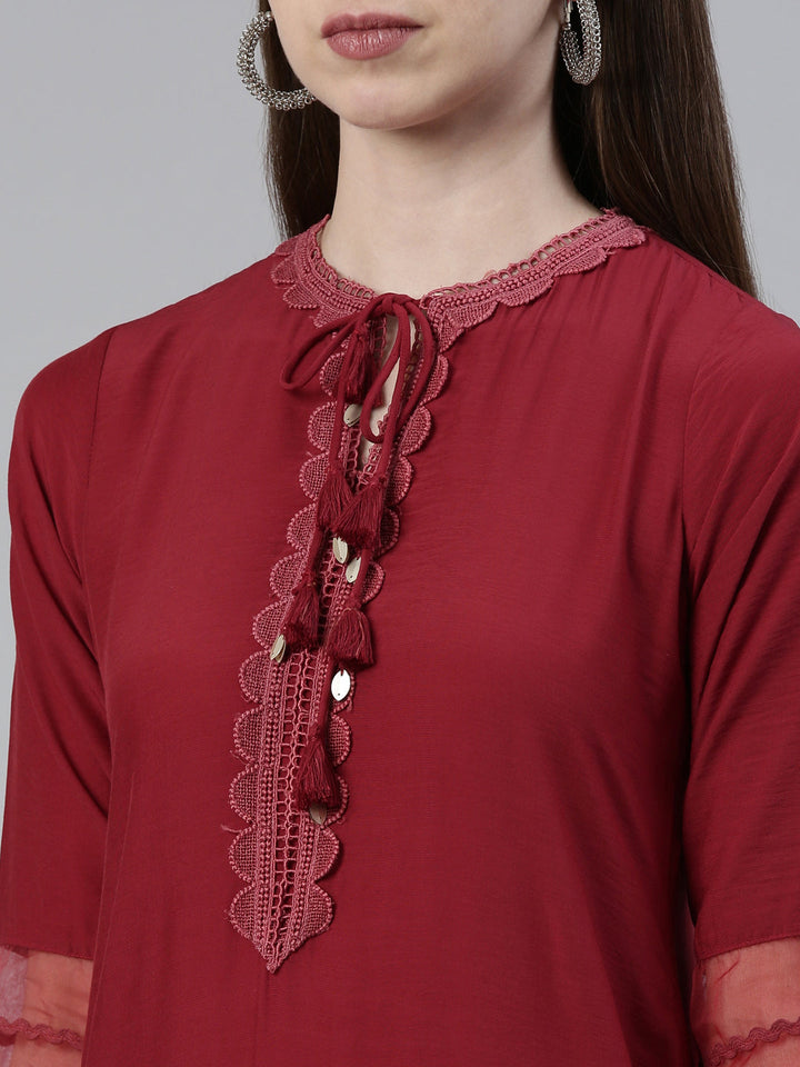 Neerus Maroon viscose rayon thread embroidered anarkali kurti - detail view 1