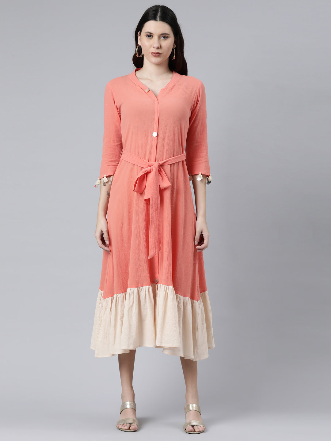 Neerus Orange chiffon solid maxi dress - front view
