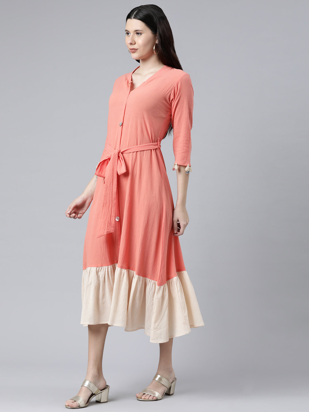 Neerus Orange chiffon solid maxi dress - back view