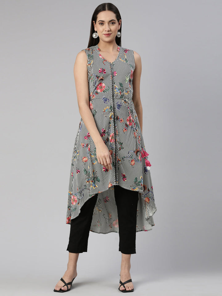 Neerus Multi cotton silk printed high-low kurti - front view