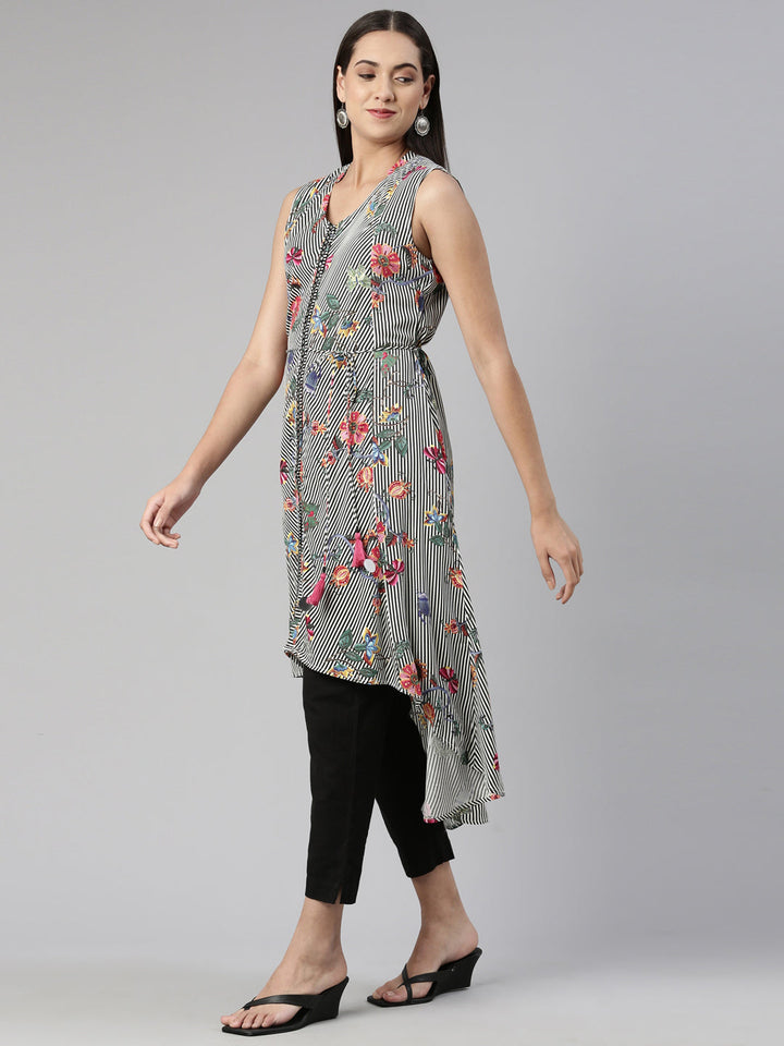 Neerus Multi cotton silk printed high-low kurti - back view