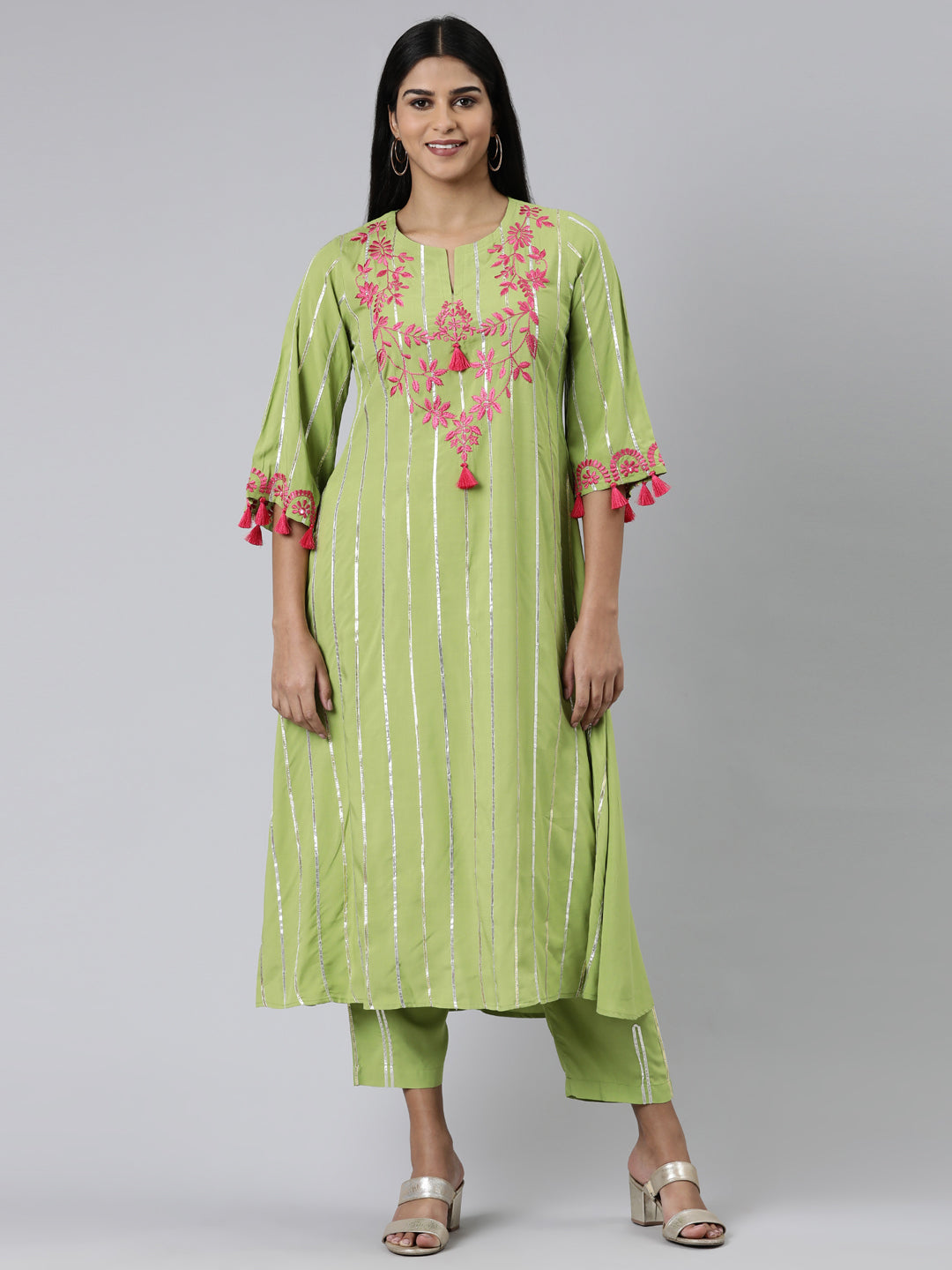 Neerus Green viscose rayon embroidered anarkali kurta set - front view