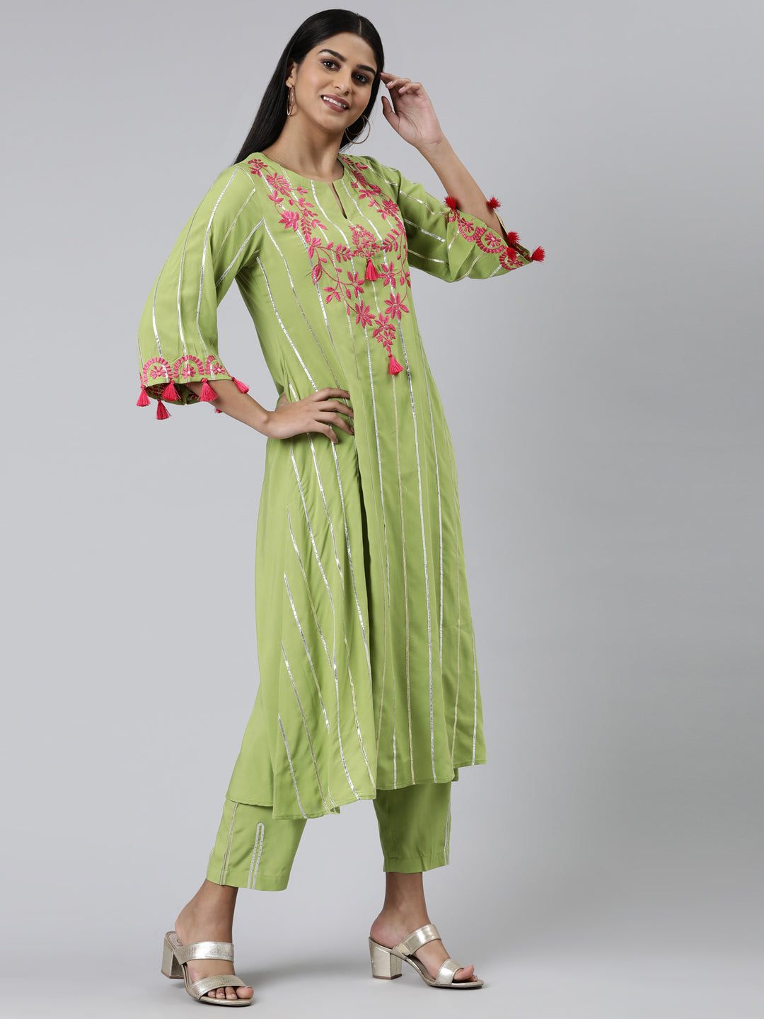 Neerus Green viscose rayon embroidered anarkali kurta set - back view