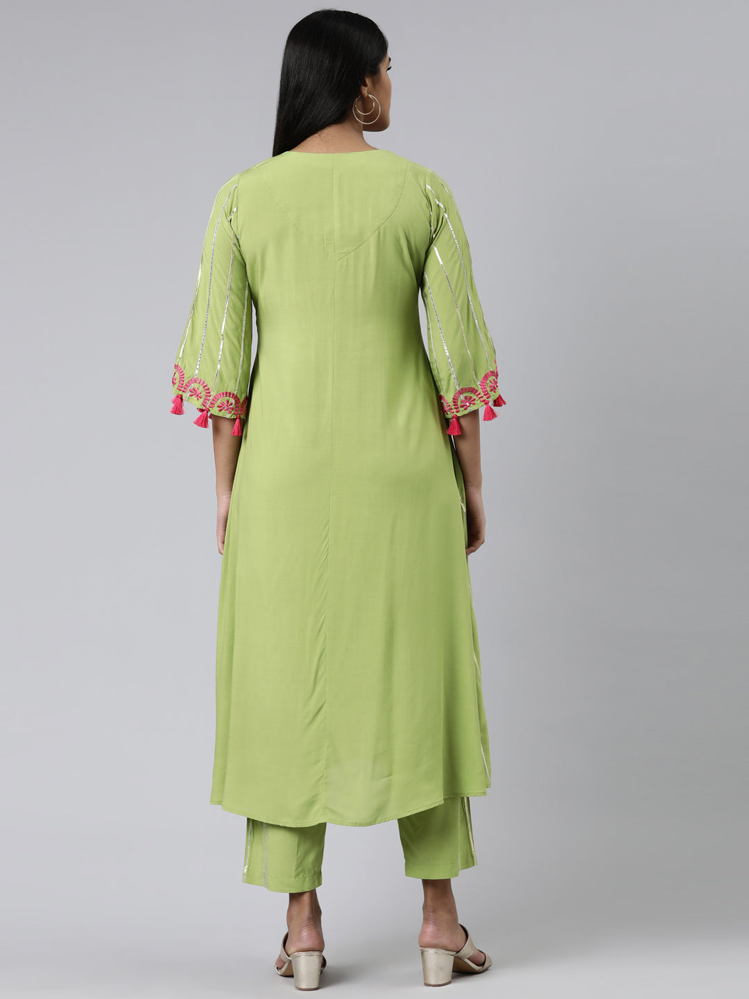 Neerus Green viscose rayon embroidered anarkali kurta set - side view