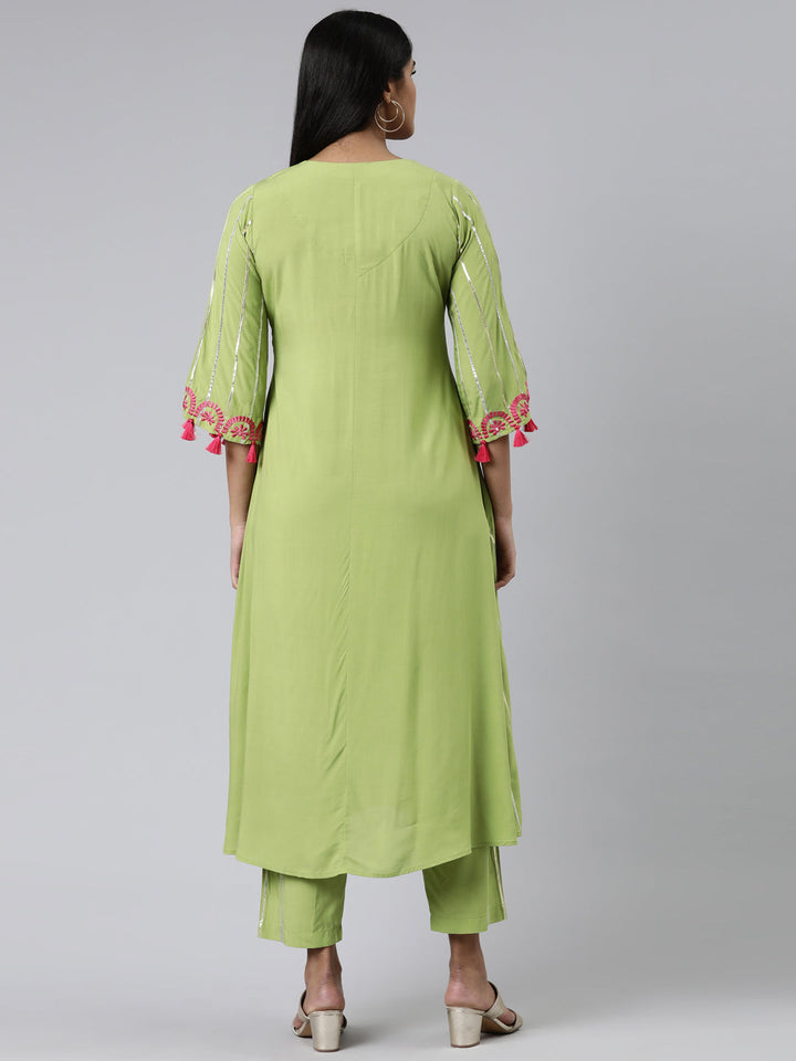Neerus Green viscose rayon embroidered anarkali kurta set - side view